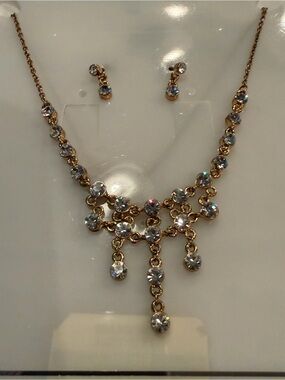 Gold-Tone Crystal Drop Necklace and Earring Set - Clear Crystals